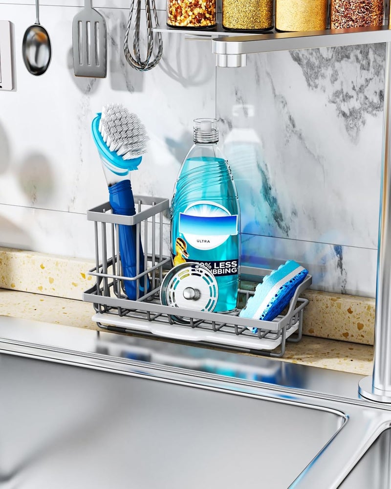 Consumest Sponge Holder for Kitchen Sink - Kitchen Sink Caddy Organizer with Removable Drip Tray for Countertop Dish Soap Dispenser Brush Storage Accessories 304 Stainless Steel, Grey - Image 3